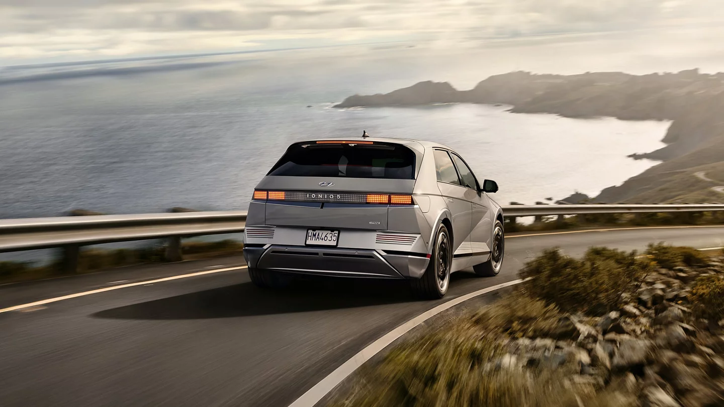 Rear shot of a Hyundai EV on the road