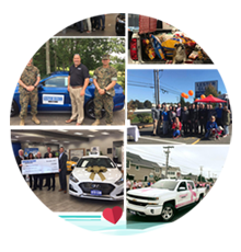 collage of employees with cars in lester glenn showroom