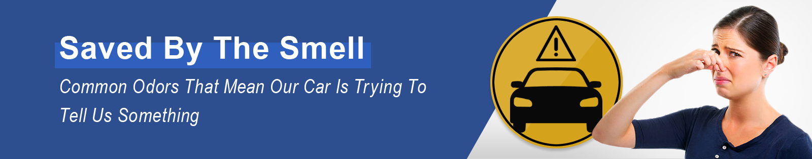 Woman reacting to car smell with warning icon and message about vehicle odors